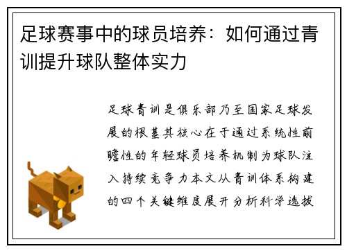 足球赛事中的球员培养：如何通过青训提升球队整体实力