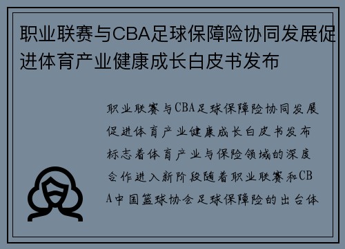 职业联赛与CBA足球保障险协同发展促进体育产业健康成长白皮书发布