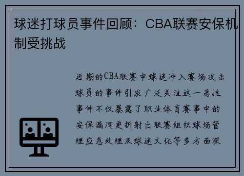 球迷打球员事件回顾：CBA联赛安保机制受挑战